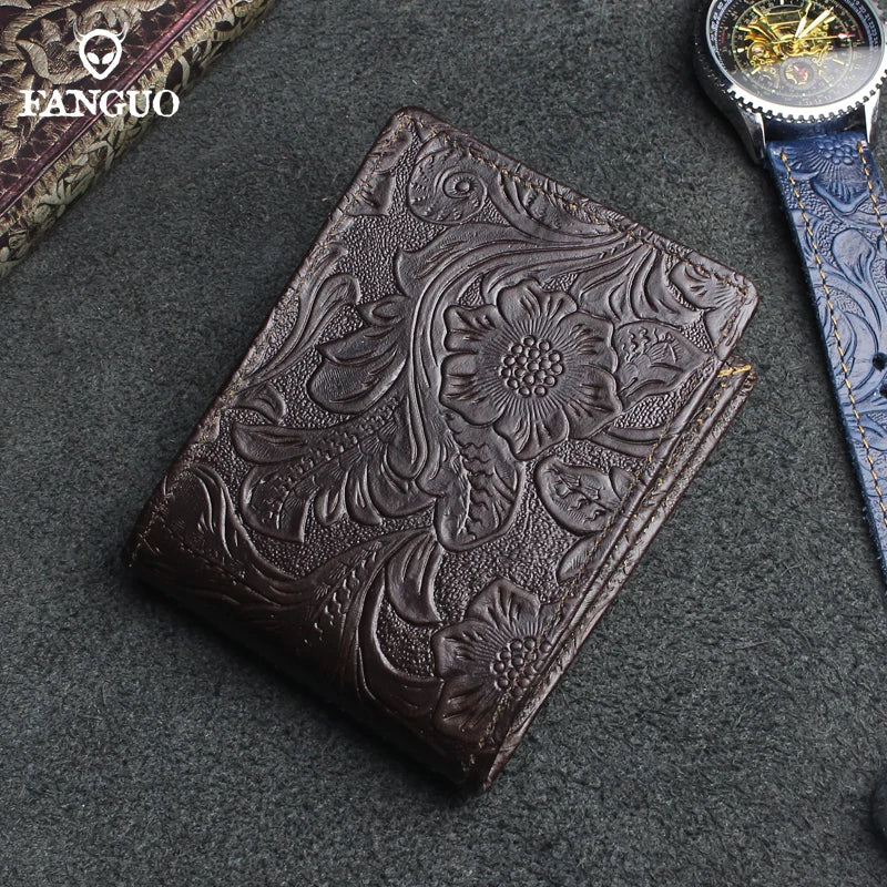 Handmade Floral Embossed Leather Wallet with Card & Coin Slots