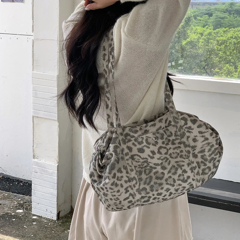 Wild Leopard Print Handbag Large Capacity Tote Bag Minimalist Nylon Women Shoulder Armpit Retro