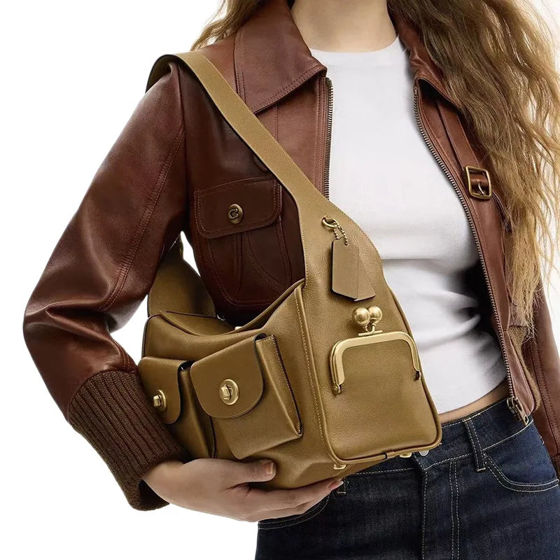 Women Lady Pu Leather Bags Big Capacity Vintage Style Shoulder Hand Zipper Closure Multi Pocket
