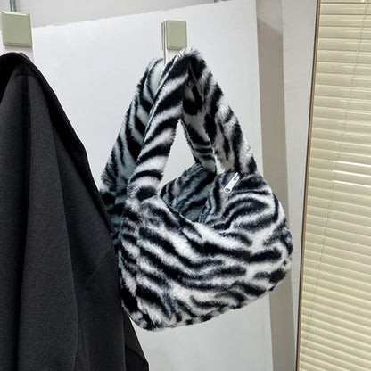 Fluffy Leopard Print Plush Bag – Women's Mini Shoulder Underarm Tote