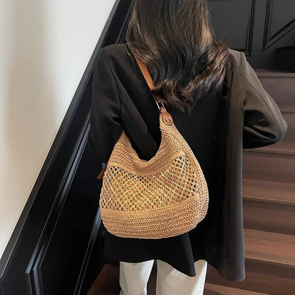 Straw Woven Shoulder Tote Bag with Adjustable Leather Strap