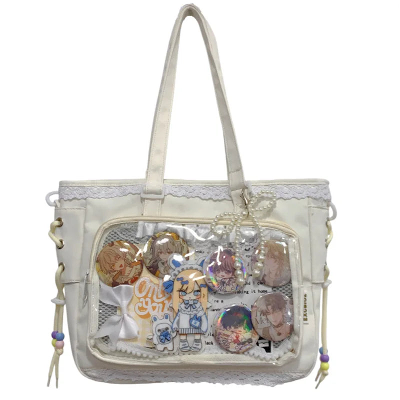 Anime Ribbon Shoulder Bag Large Capacity Cute Soft Girl Tote Handle Comfortable Versatile Texture