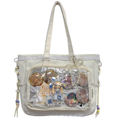 Anime Ribbon Shoulder Bag Large Capacity Cute Soft Girl Tote Handle Comfortable Versatile Texture