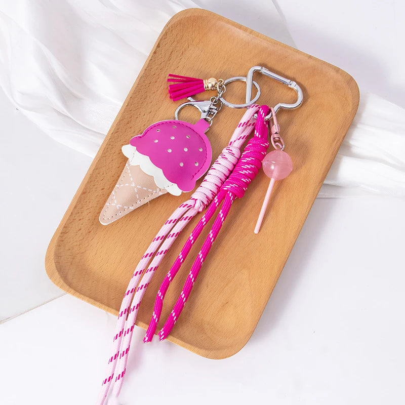 Ice Cream Cone Keychain Bag Charm with Woven Rope Tassel
