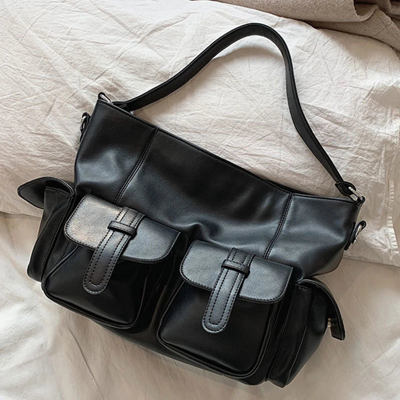 Black Large Capacity Hobo Shoulder Bag – Soft PU Leather Tote