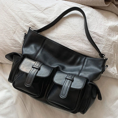 Black Large Capacity Hobo Shoulder Bag – Soft PU Leather Tote