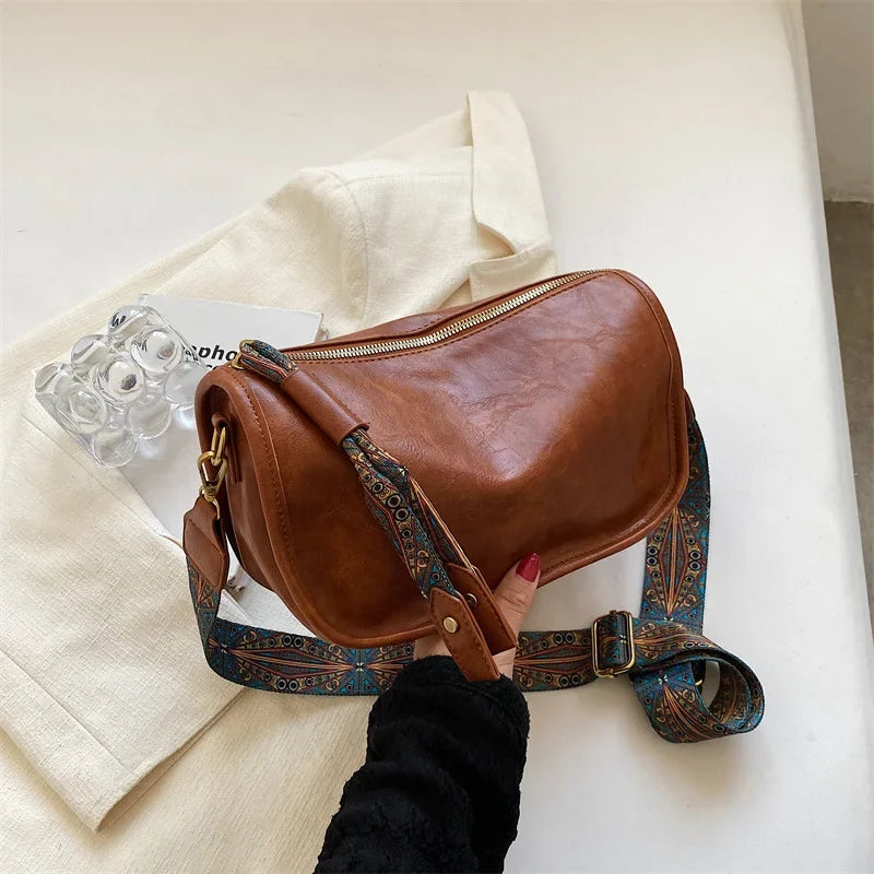 Vintage Leather Crossbody Bag – Pillow Style with Boho Printed Strap