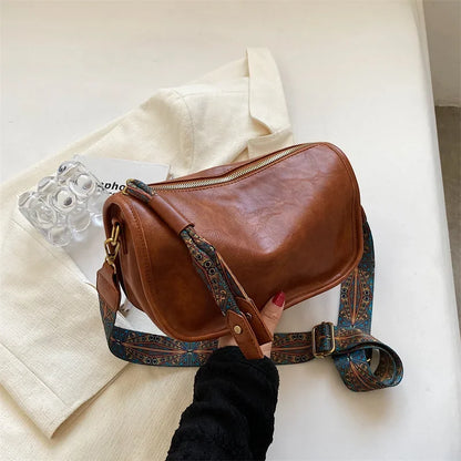 Vintage Leather Crossbody Bag – Pillow Style with Boho Printed Strap