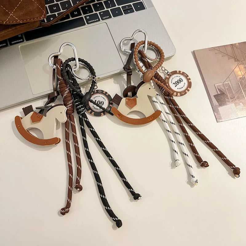 Braided Rope Bag Charm with Leather Rocking Horse Pendant