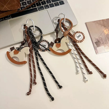 Braided Rope Bag Charm with Leather Rocking Horse Pendant