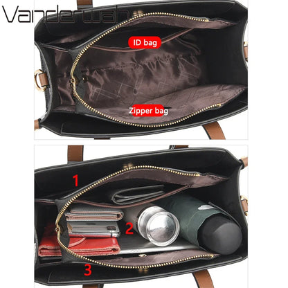 3-Layer Vintage Leather Tote Bag for Women