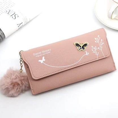 Women's Long Wallet – Butterfly PU Leather Purse with Pom-Pom