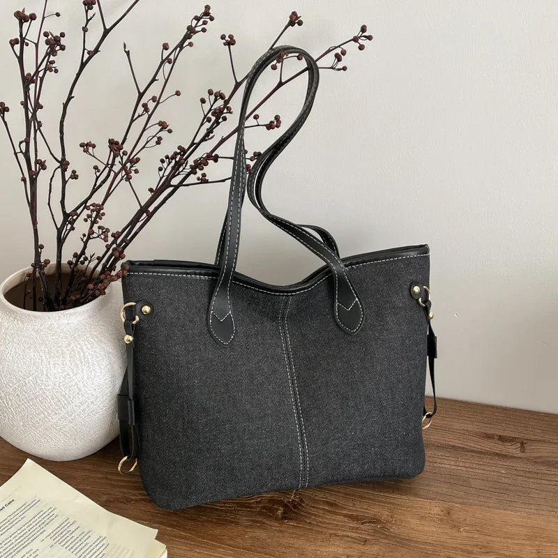 Large Capacity Denim Tote Bag for Women – Commuter Shoulder Bag