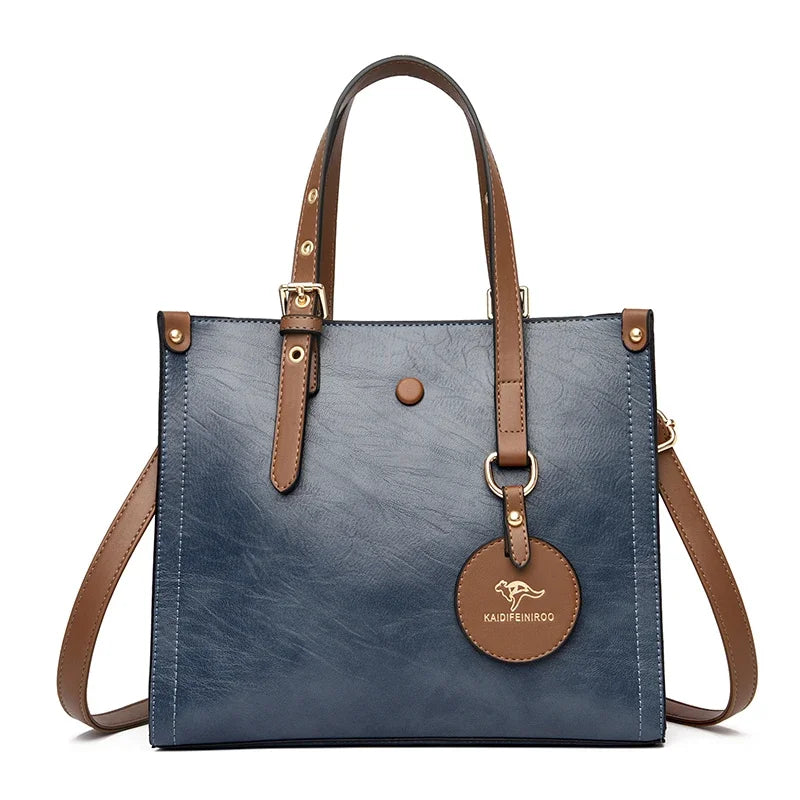 3-Layer Vintage Leather Tote Bag for Women