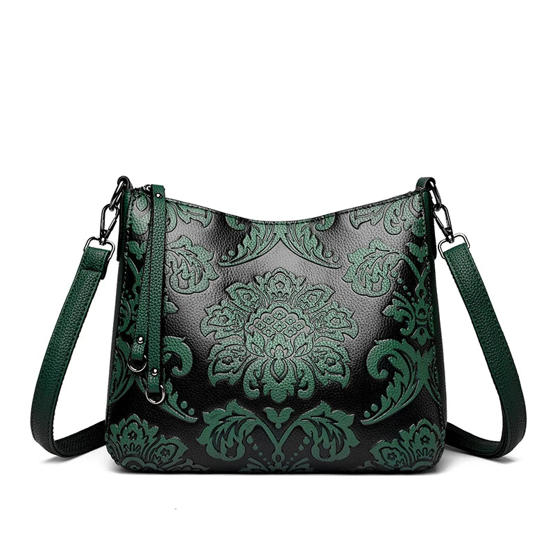 Retro Floral Embossed PU Leather Crossbody Bag for Women