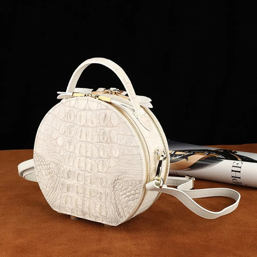 Crocodile Leather Round Bag – White Crossbody Handbag