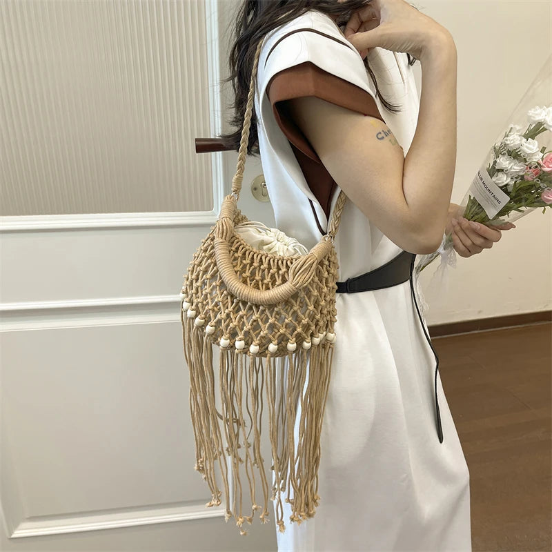Moods Boho Style Shoulder Basket Bags Women 2-In-1 Yarn Knitted Drawstring Bucket Handbags Summer