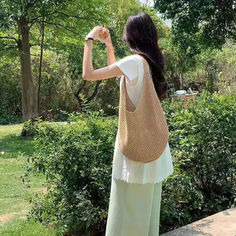 Woven Shoulder Bag - Hollow Crochet Tote Handbag Summer