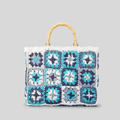 Bohemian Granny Square Staw Handbags Casual Paper Woven Bamboo Handle Women Hand Bags Handmade Summe