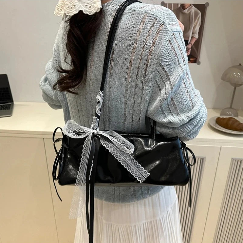 Ballet Style Bow Shoulder Bag – Elegant PU Leather Square Handbag