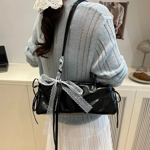 Ballet Style Bow Shoulder Bag – Elegant PU Leather Square Handbag