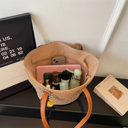 Straw Beach Tote Bag for Women – Large Handmade Stripe Shoulder Bag