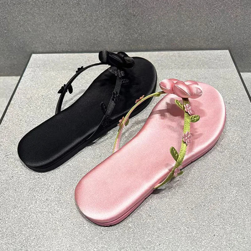 Floral Flat Sandals for Women – Satin Flower Flip-Flops