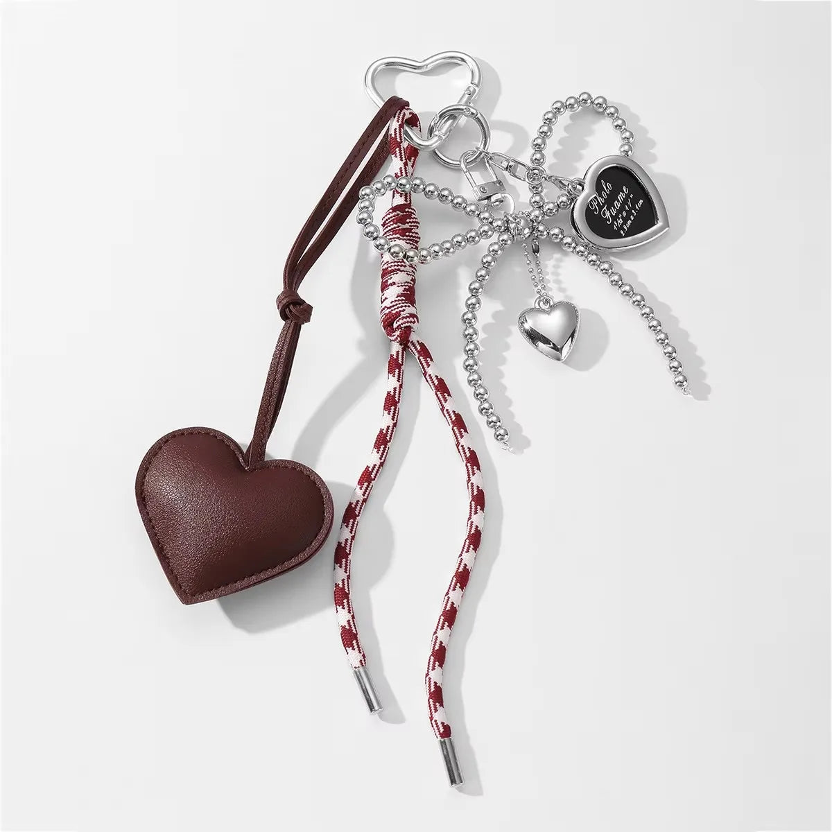 Heart Bow Keychain with Beaded Chain & Leather Pendant