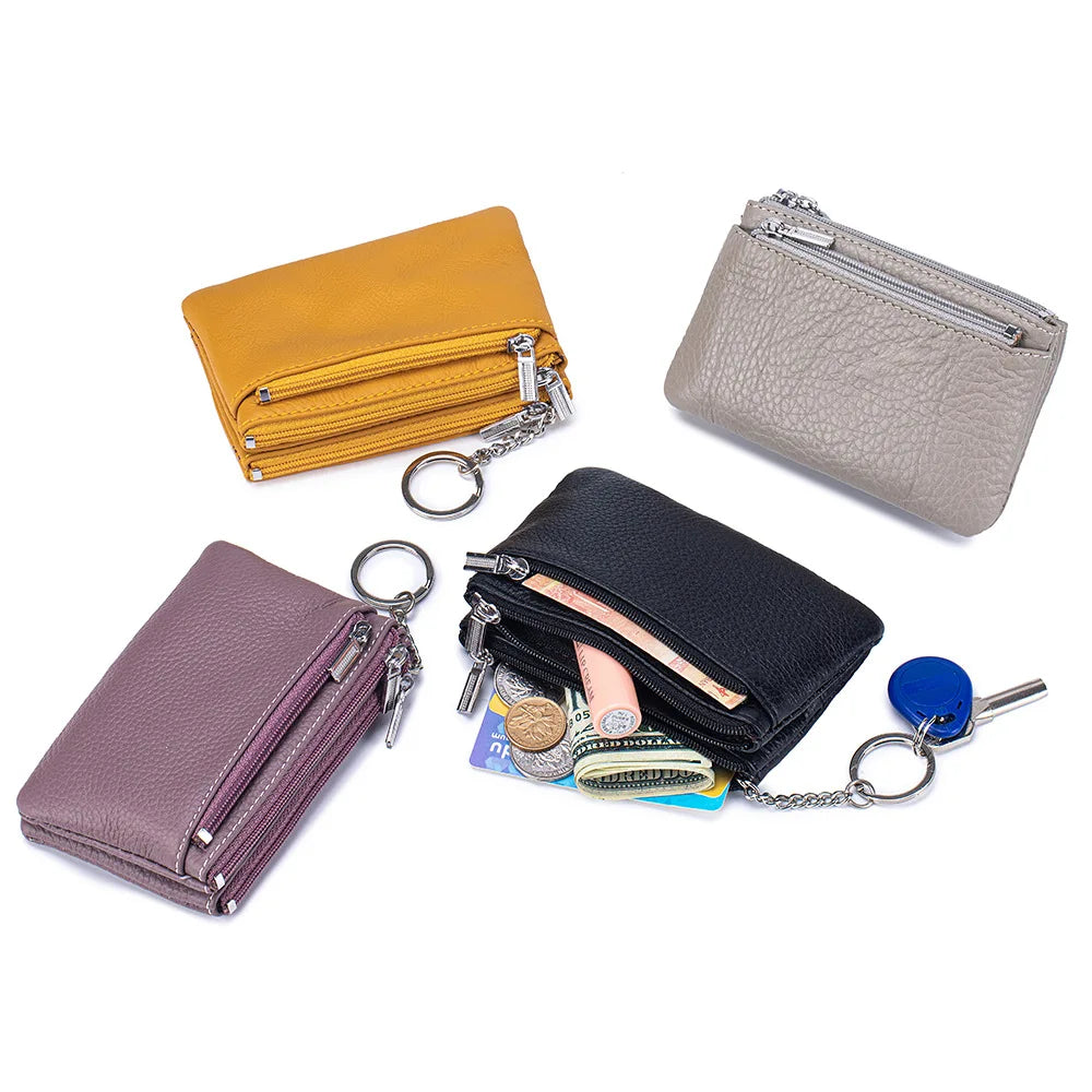 Genuine Leather Coin Purse for Women – Mini Zipper Wallet with Key Ring