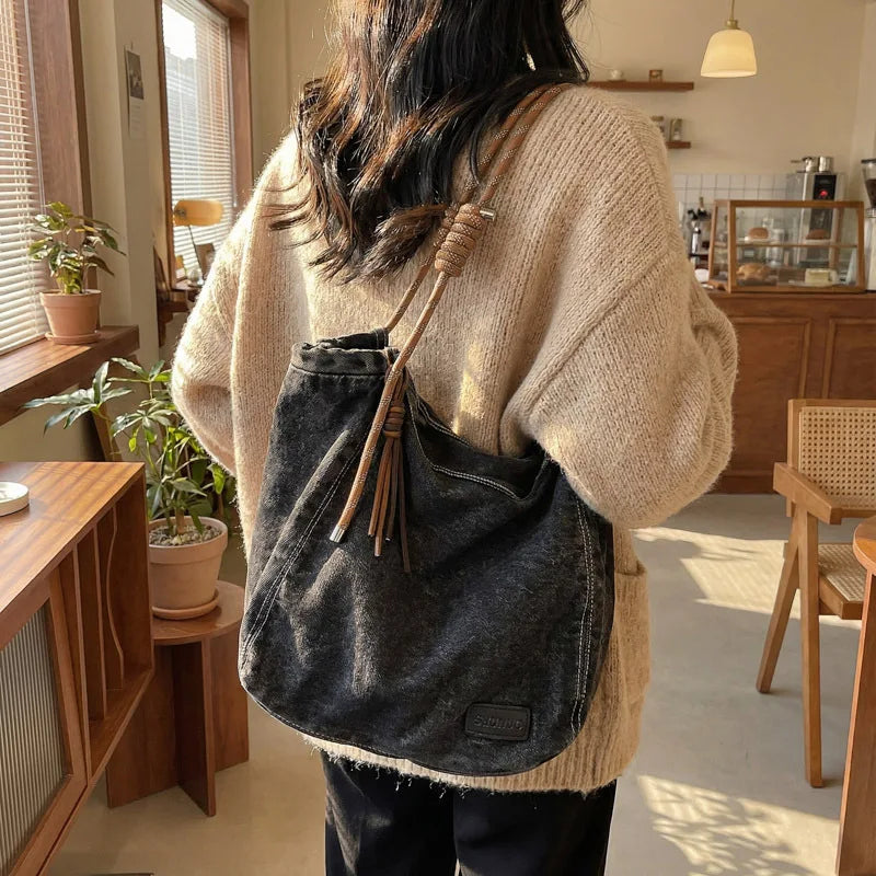 Crossbody Bag Women Vintage Washed Denim Shoulder Large Capacity Comfortable Versatile Texture Bags