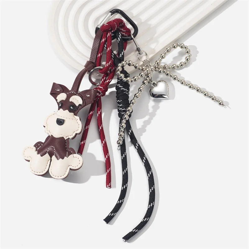Schnauzer Dog Keychain – Handmade Rope Bag Charm with Bow Pendant