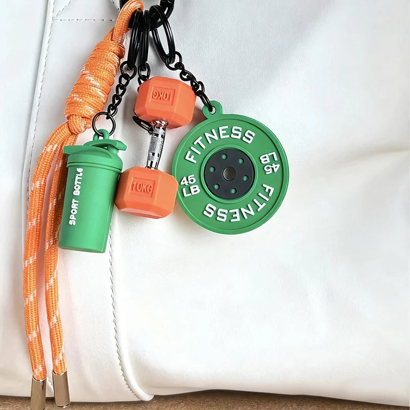 Gym Fitness Keychain Set – Barbell, Dumbbell & Shaker Charms