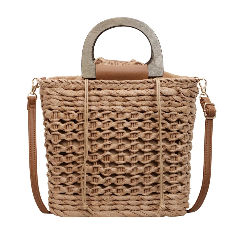 Women's Handmade Woven Straw Beach Tote Bag with Wooden Handle