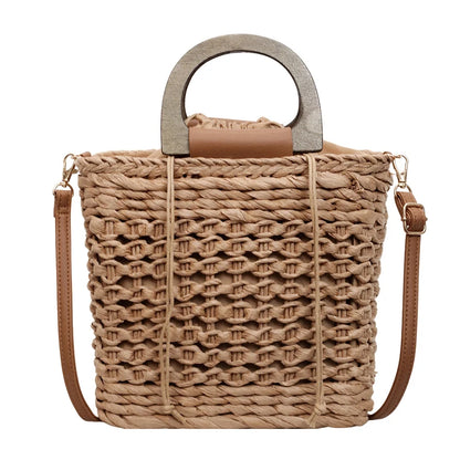 Women's Handmade Woven Straw Beach Tote Bag with Wooden Handle