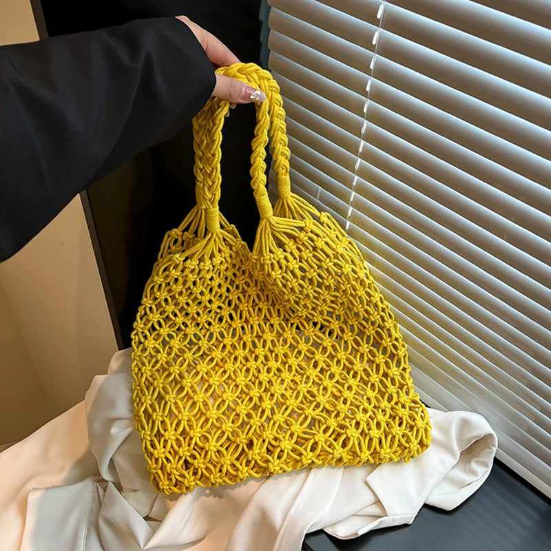 Boho Woven Tote Bag – Handmade Hollow Knit Beach Handbag