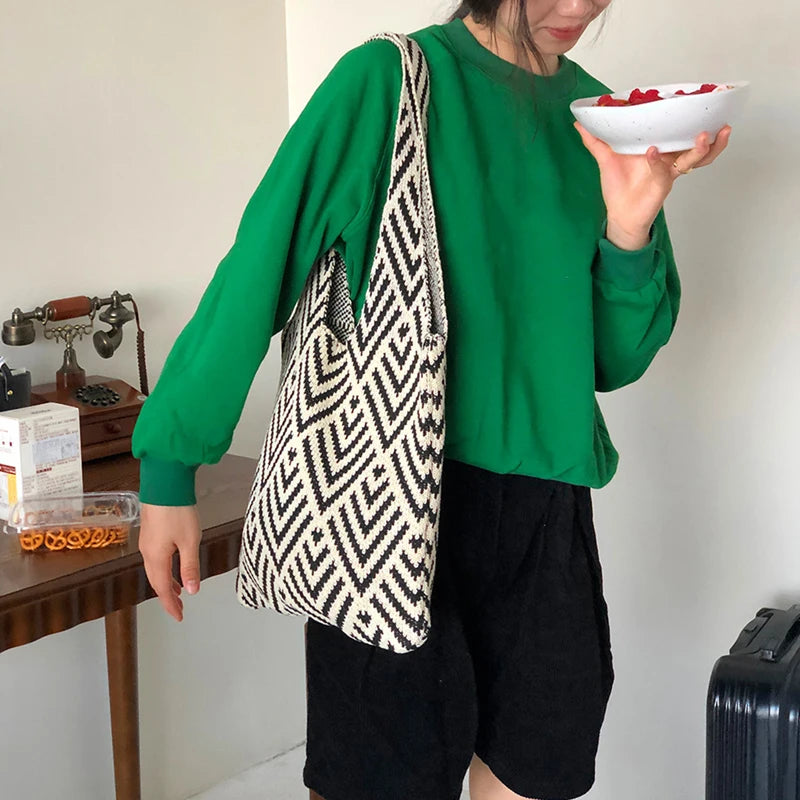 Knitted Tote Bag for Women – Boho Shoulder Bag with Phone Pouch