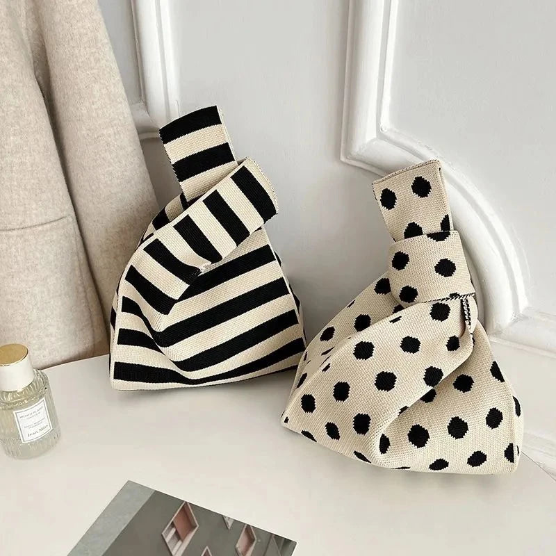 Knitted Knot Wrist Bag for Women – Mini Striped Handbag