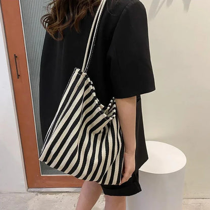 Large Canvas Tote Bag – Striped Shopper Shoulder Bag