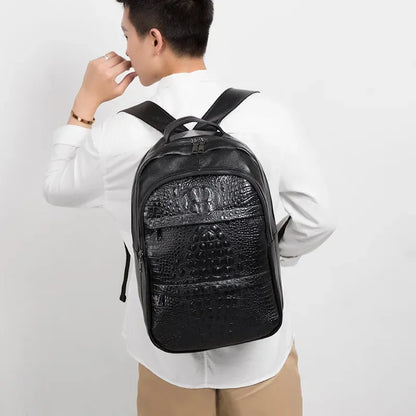Crocodile Pattern Genuine Leather Backpack for Men – Luxury Large Laptop Bag