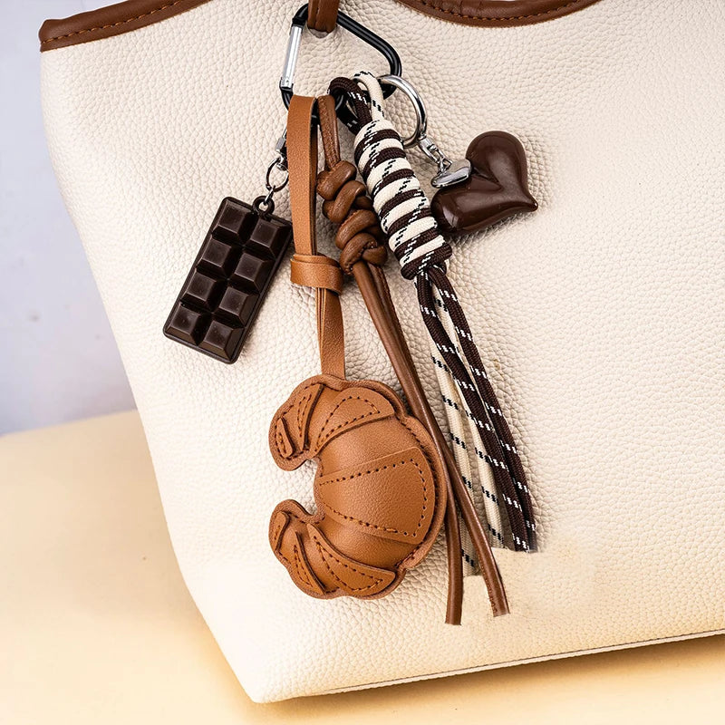 Leather Croissant Keychain with Braided Rope & Charms
