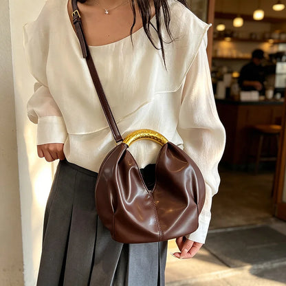 Moods Retro Gold Ring Handle Women Hobo Bag Soft Vegan Leather Shoulder Crossbody Purse Elegant