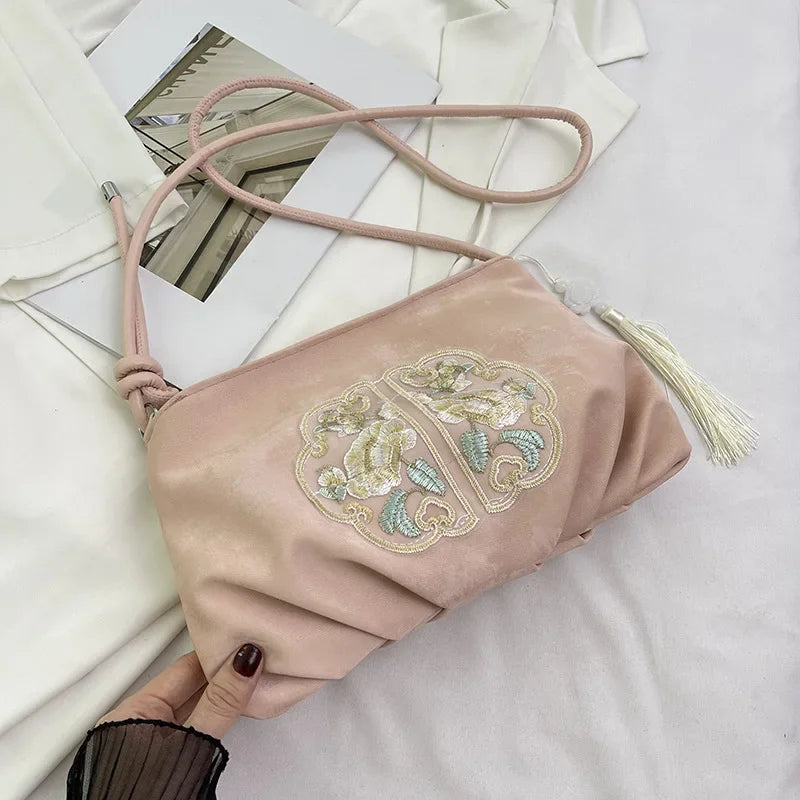 Chinese Embroidery Tote Bag – Soft Satchel with Tassel & Rope Handle