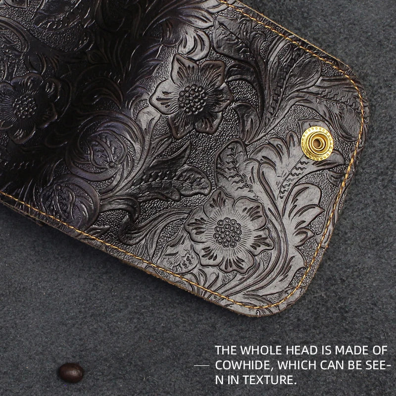 Genuine Leather Men's Short Wallet – Floral Embossed Bifold with Coin Purse