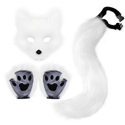 Fox Wolf Cosplay Costume Set – Fluffy Mask, Tail & Paw Gloves for Halloween