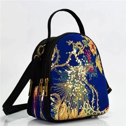 Embroidered Canvas Crossbody Bag – Vintage Peacock Sequin Satchel