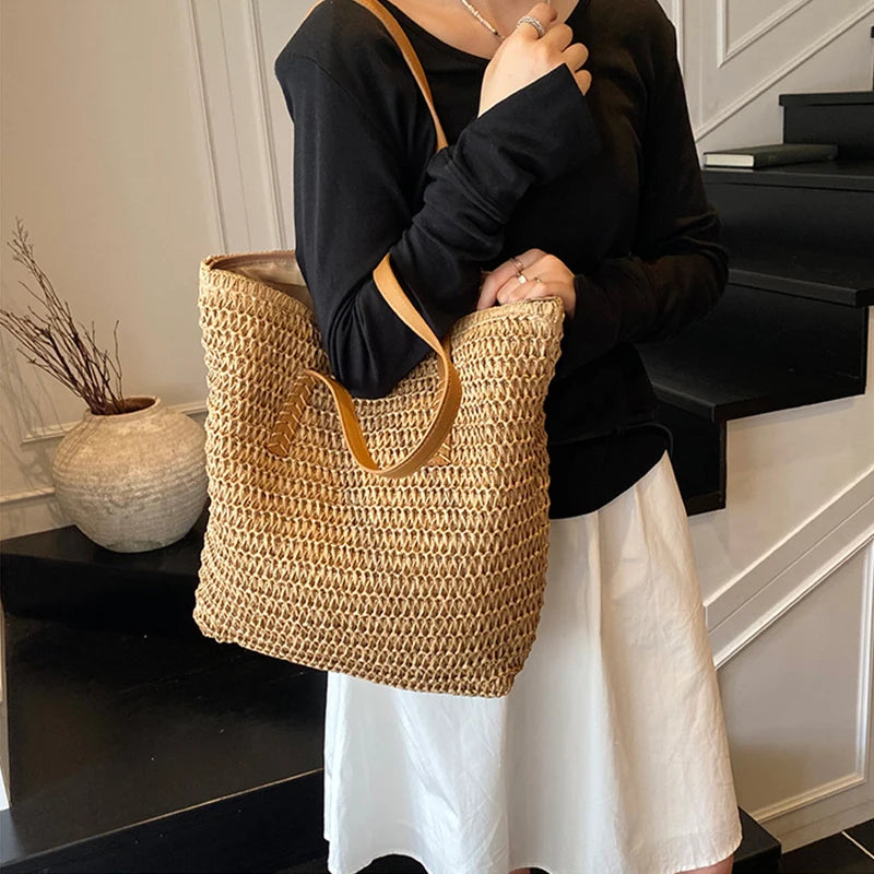 Straw Woven Tote Bag – Large Capacity Women's Shoulder Handbag