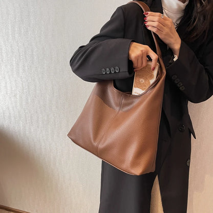 Large Capacity Leather Tote Shoulder Bag – 2-in-1 Shopper Set