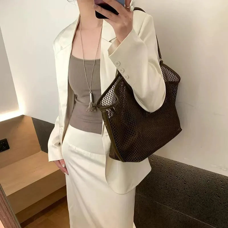 Large Mesh Tote Bag for Women – PU Leather Trim Shoulder Bag