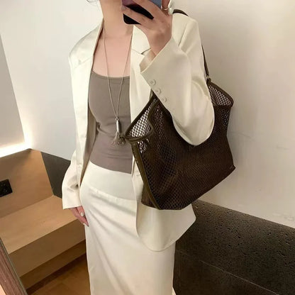 Large Mesh Tote Bag for Women – PU Leather Trim Shoulder Bag