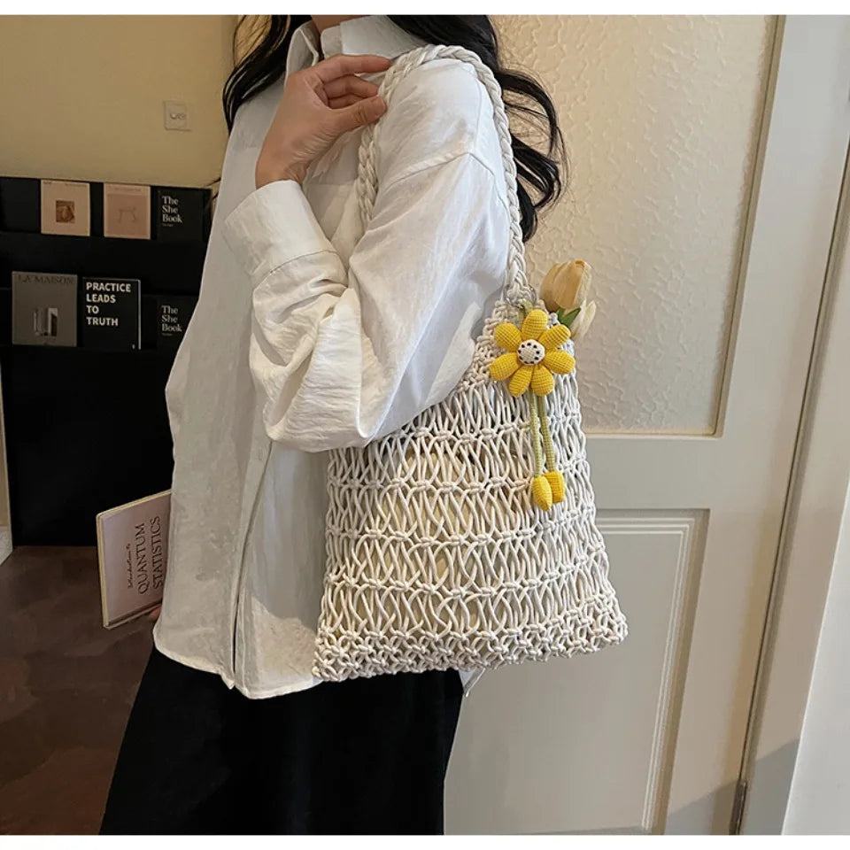 Straw Woven Hollow-Out Shoulder Bag with Flower Charm